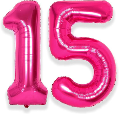 SUWEN 40 Inch Hot Pink Large 15 Number Balloons Big Foil Helium Number Balloons by SUWEN