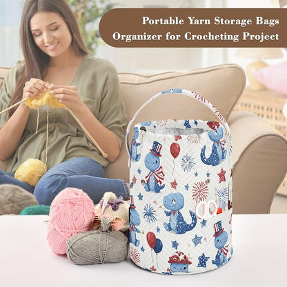 Blue Dinosaurs Stars Balloons Fireworks Yarn Bag Small Crochet Bag Drawstring - Image 4