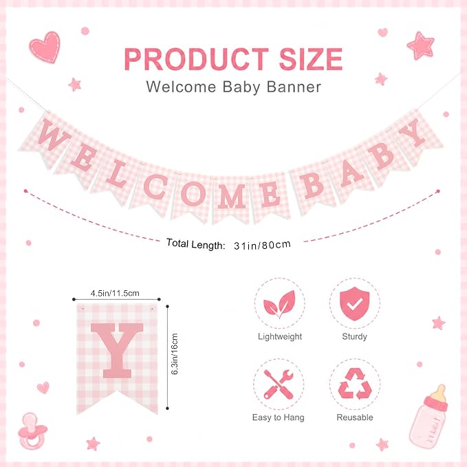 Pink Gingham Welcome Baby Shower Banner - Image 2