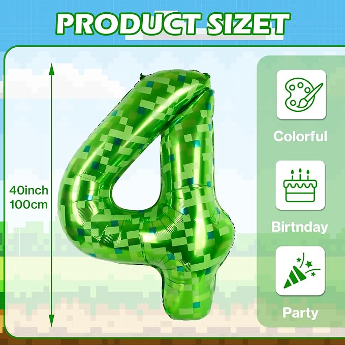 40 Inch Giant Green Pixel Miner Theme Number Balloons 40 Inch Foil Party - Image 2