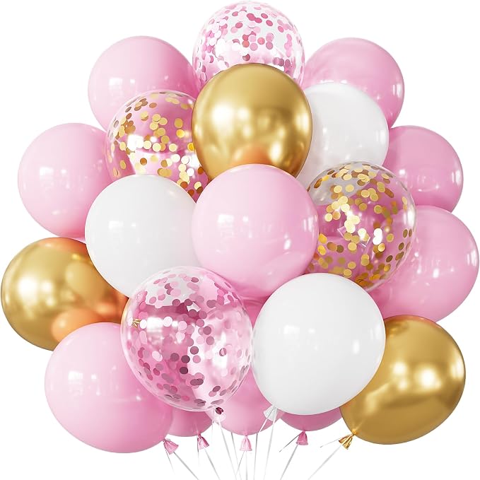 Pink and Gold Balloons Set, Confetti Balloons | 50Pcs 12 Inch Pink White Gold by Adeyoo