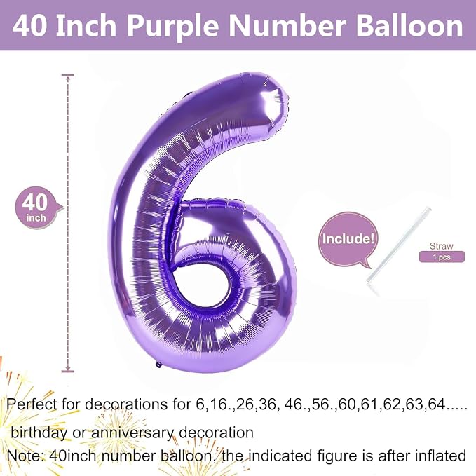 Purple Number Balloons, 40 Inch Purple Balloon 6.6 Helium Balloon 6th Birthday - Image 2