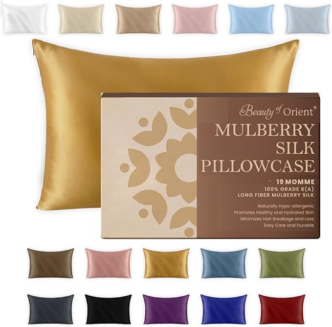 19 Momme Premium Mulberry Silk Pillowcase for Hair and Skin | Handcrafted Hypoallergenic & Anti-Acne 100% Silk Pillow Cases with Zipper | Queen - 20" x 30", Golden Honey