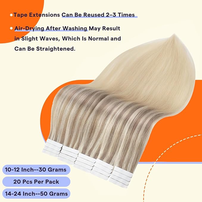 Full Shine Tape in Hair Extensions 18 Inch Tape Ins Human Hair Extensions Color 18/22/60 Nordic Ash Blonde and Blonde Tape in Extensions 20PCS Human Hair Tape ins Extensions 50g for Party