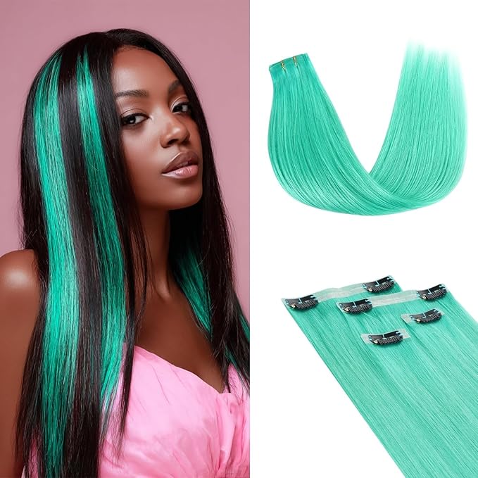 Lashey Seamless Clip in Hair Extensions Human Hair 4pcs 37g Green 14 Inch Straight Hair Extensions Clip ins with PU Soft Invisi Edge