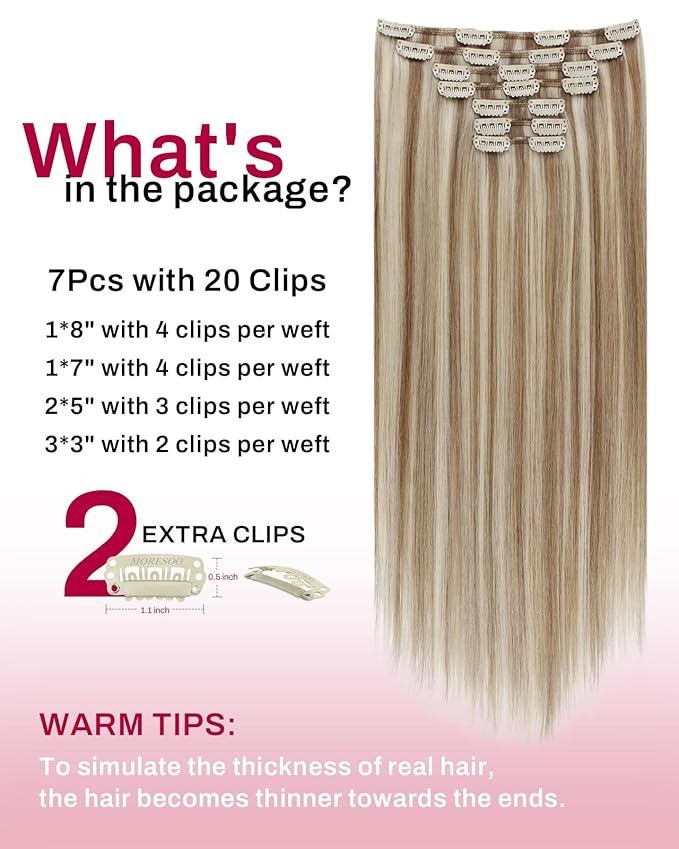 Moresoo Clip in Hair Extensions Remy Double Weft Human Hair Clip in Extensions Straight Hair Extensions for Women Light Brown Highlights with Blonde 7pcs 150g 20inch