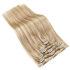 Ve Sunny 24 inch Remy Clip in Hair Extensions Long Human Hair Extensions Blonde Highlight for Women Warm Color Real Human Hair Clip in Extensions Straight 120g 7pcs
