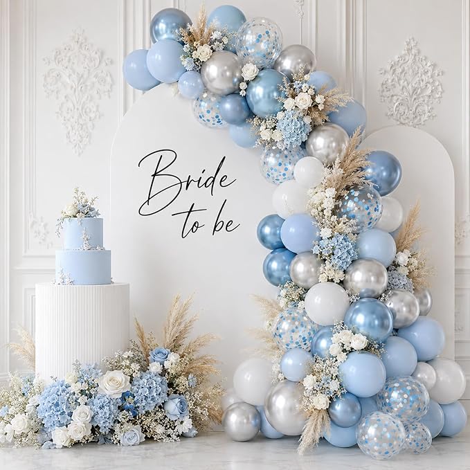 Blue Silver Balloons, Metallic Light Blue White Balloon - Image 6
