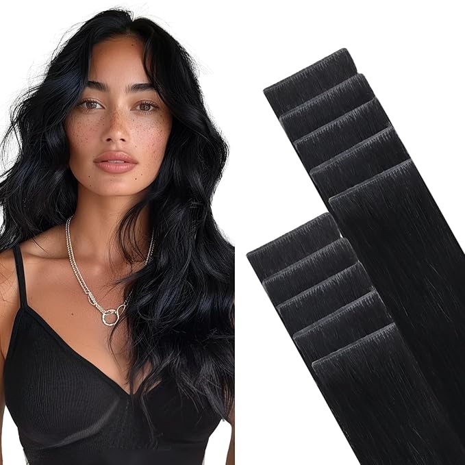 GOO GOO Invisi Edge Tape in Hair Extensions Human Hair, 1 Jet black, 10pcs 24inch 30g, Virgin Remy Hair, Seamless Injected Tape, Natural Look
