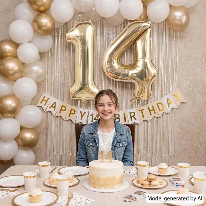 White Gold Number 14 Balloon 40 Inch, Champagne Foil Fourteenth Decoration | - Image 6