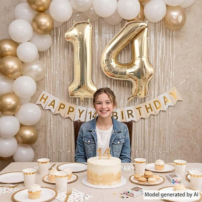 White Gold Number 14 Balloon 40 Inch, Champagne Foil Fourteenth Decoration | - Image 6
