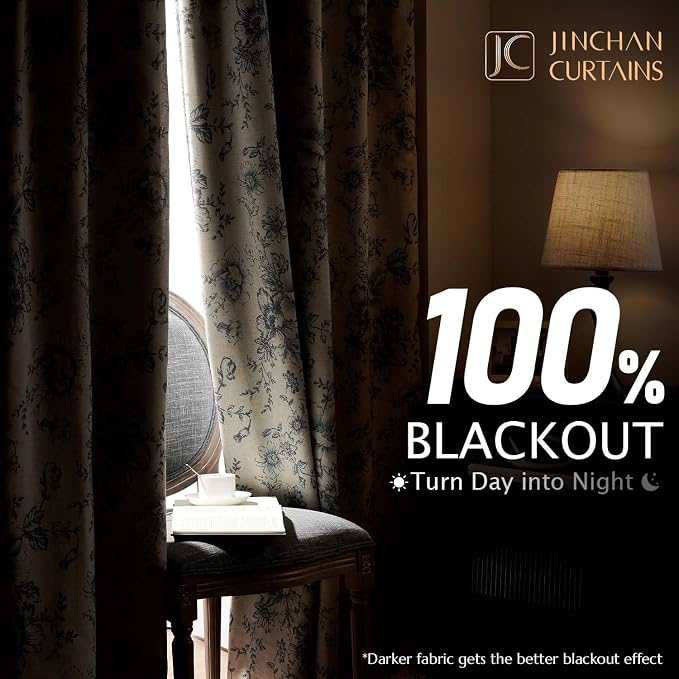 jinchan Grey Floral Linen Blackout Curtains Lined 90 Inch Back Tab 2 Panels | - Image 2