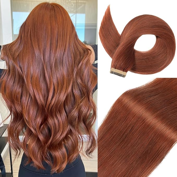 Tape in Hair Extensions Human Hair 20pcs Remy Hair Extensions 18 Inch Auburn Brown Straight Invisible Human Hair Tape in Extensions Skin Weft Tape Extensions Human Hair (#A33,18 Inch)