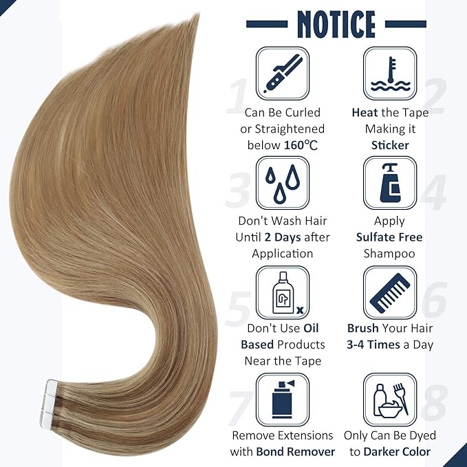 Full Shine Tape in Hair Extensions Human Hair 14 Inch Balayage Hair Extensions Real Human Hair Tape in 50Grams 20Pcs 10/16/16 Highlights Golden Brown Mixed Golden Blonde Skin Weft Hair Extensions