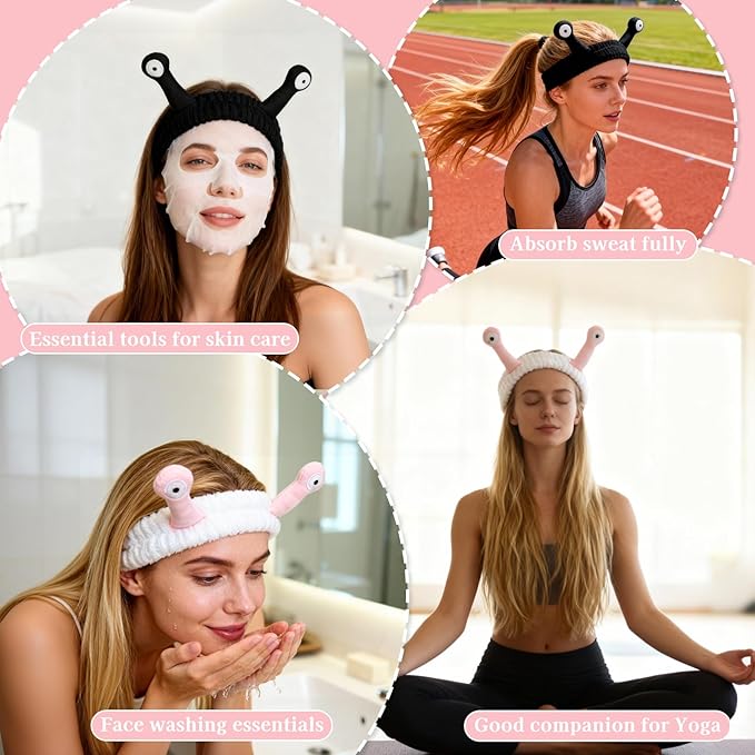 Snail Face Wash Headband Skincare & Wrist Bands for Washing Face Set Cute Spa Headband for Women and Wrist Faces Wash Bands for Shower, Facial Cleaning, Soft Coral Fleece Makeup Headbands,Black&White