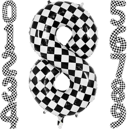 Checkered Number 8 Balloon 40 Inch, Large Foil Black and White Number Balloons by AIQINHU