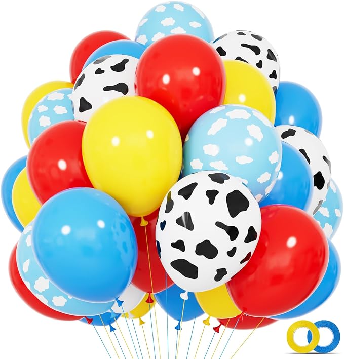 68Pcs Red Yellow Blue Toy Balloons 12 Inch Light Blue Cloud Cow Print Balloons by KUULBELAballoons