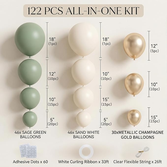 122Pcs Sage Green Cream Gold Balloon Arch Kit, 18 12 10 5 Inch Balloons | Olive - Image 2