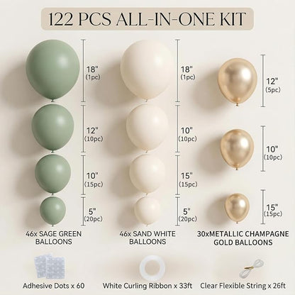 122Pcs Sage Green Cream Gold Balloon Arch Kit, 18 12 10 5 Inch Balloons | Olive - Image 2
