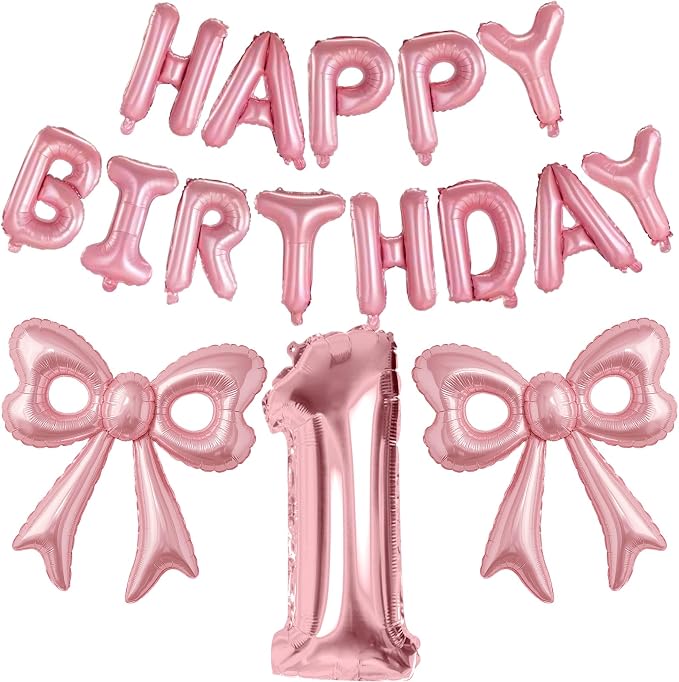 Pink Bow Happy Birthday Balloons, 40” Aluminum Foil Number 1 Balloon by BSRESIN