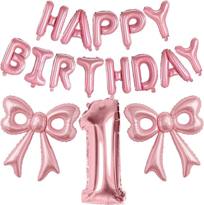 Pink Bow Happy Birthday Balloons, 40” Aluminum Foil Number 1 Balloon by BSRESIN