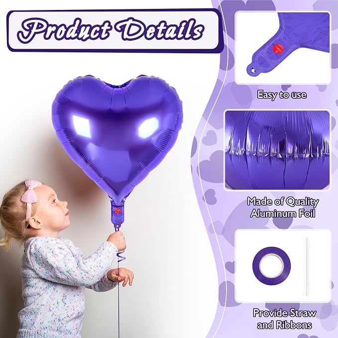12 Pcs Purple Heart Balloons, 18 Inch Heart Foil Balloons Love Balloon - Image 5