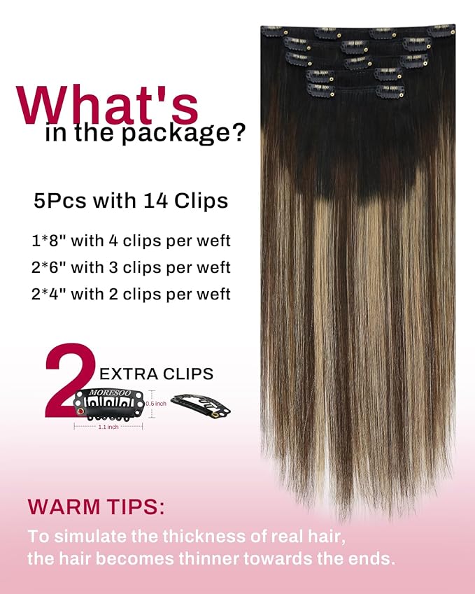 Moresoo Clip in Hair Extensions Real Human Hair Balayage Remy Human Hair Clip in Extensions Ombre Black to Brown with Caramel Blonde 5pcs 80g 14inch