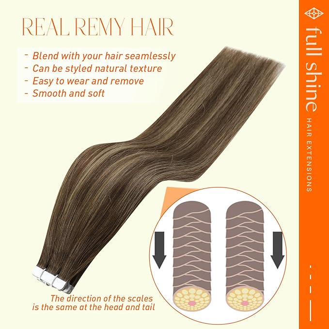 Full Shine Invisible Tape in Hair Extensions Human Hair 18 Inch Tape ins Brown Extensions Color 4/24/4 Balayage Hair Extensions Real Human Hair Seamless Tape ins Human Hair Extension 50Gram 20Pcs