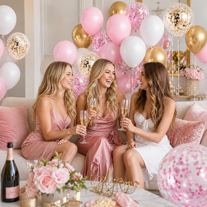 Balloons Pink Gold Confetti, 60 Packs 12 Inch Pink White Metallic Gold Balloon - Image 4