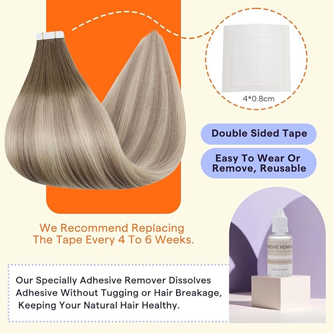 Full Shine Tape in Extensions Human Hair 14 Inch Color 8/60/18 Blonde and Brown Double Sided Remy Hair Extensions Tape in Straight Natural 20pieces Ombre Seamless Skin Weft 50grams for Women