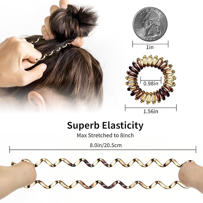 16Pcs Spiral Hair Ties, (Amber) Hair Elastic Coils for Women and Girls, Waterproof Phone Cord Hair Scrunchies Accessories Bands for Ponytails and Updos