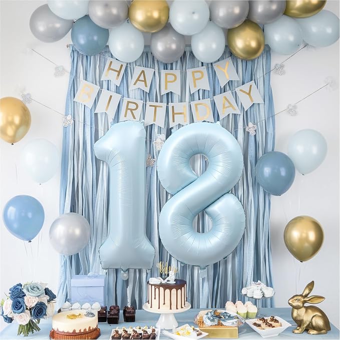 40 Inch 18 Balloon Number, Large Pastel Baby Matte Blue Foil Number 18 Balloons - Image 6