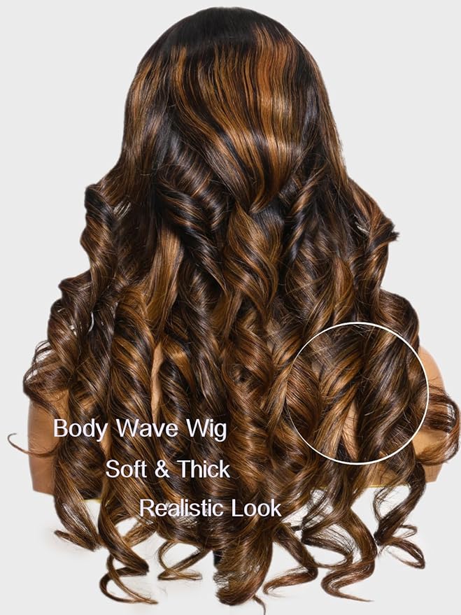 Julia Hair Bye Bye Knots Glueless Wig Highlight Balayage Brown Body Wave 7x5 Pre Cut HD Lace Front Wigs Human Hair Pre Plucked Bleached Knots Pre Everything Ready To Go Ombre Wig 16 Inch