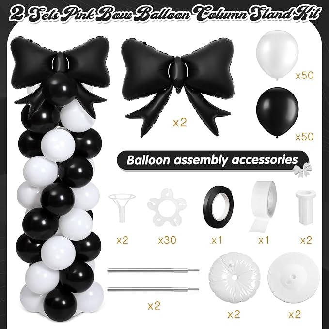 2 Sets Black White Bow Balloon Column Stand Kit Includes 2 Bows & 100 Latex - Image 2
