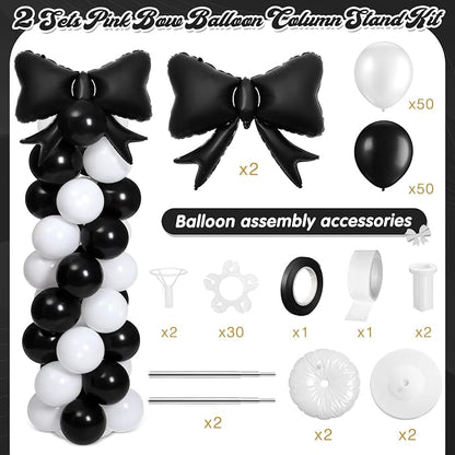 2 Sets Black White Bow Balloon Column Stand Kit Includes 2 Bows & 100 Latex - Image 2