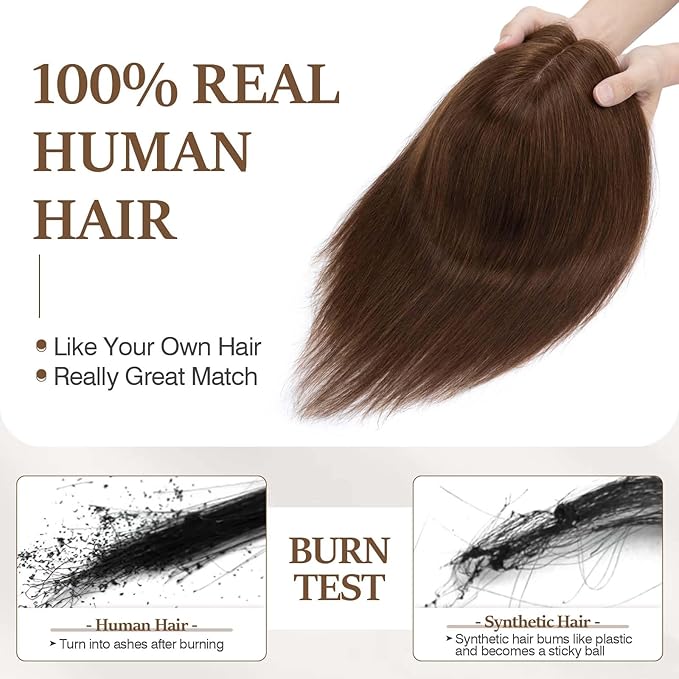 Rich Choices Hair Toppers for Women Real Human Hair 100% Human Remy Toppers NO Bangs for Women with Thinning on Top Clip in Hairpiece 4"x4.7"Lace Base 10 Inch #4 Medium Brown