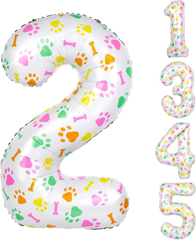 40 Inch Multi-color Dog Paw Balloons, Numeral 2 Birthday Balloons by AXBMM