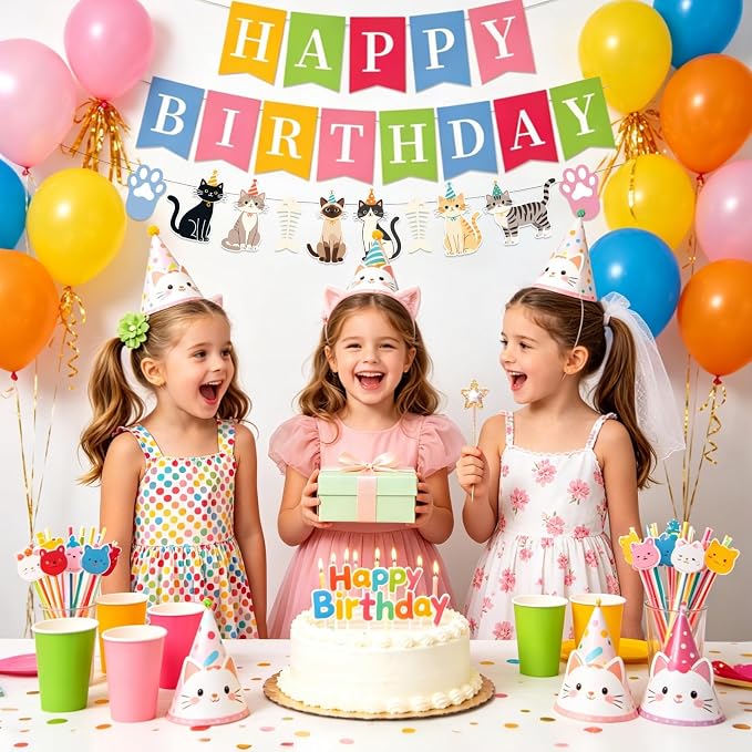 Cat Birthday Banner, Colorful Cat Themed Birthday Party Decorations, Cute - Image 5