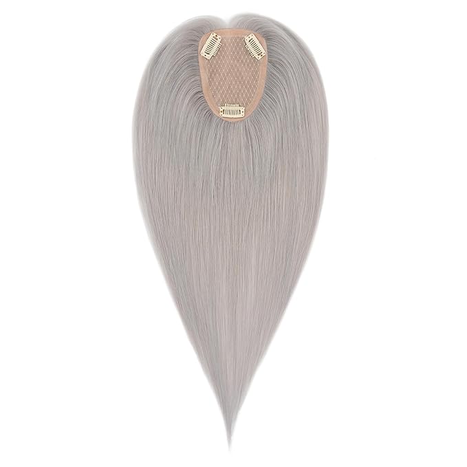 Hairro Human Hair Toppers Free Parted, 3.5x4.7" Base Hand-wovened 100% Real Hairpieces, with Invisible Clips-in for Women, for High Hairline/Adding Volume on Top, 10 Inch Grey