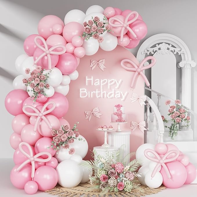 HILAVO Pink Bow Balloon Arch Kit Pink and White Balloons Garland 91 Pcs by HILAVO