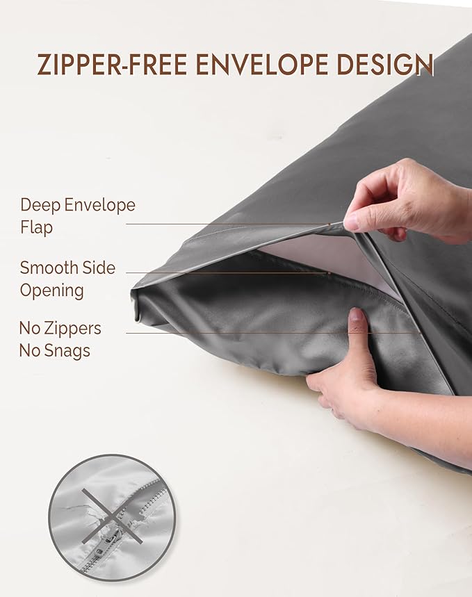 SilkSilky 100% Mulberry Silk Pillowcase - Pure 22 Momme High-Grade 6A Fibers for Hair & Skin, Envelope Closure, Natural, Organic, Breathable & Cooling Pillow Case (Queen, Dark Gray)