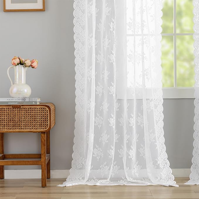 Kotile White Floral Lace Curtains - Image 7