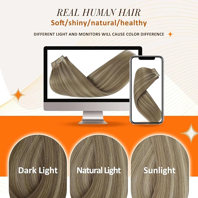 Full Shine Blonde Hair Extensions Real Human Hair Clip ins Golden Blonde Mix Light Blonde Natural Seamless Hair Extension for Women Add Volume 14 Inch 8 PCS 120 G