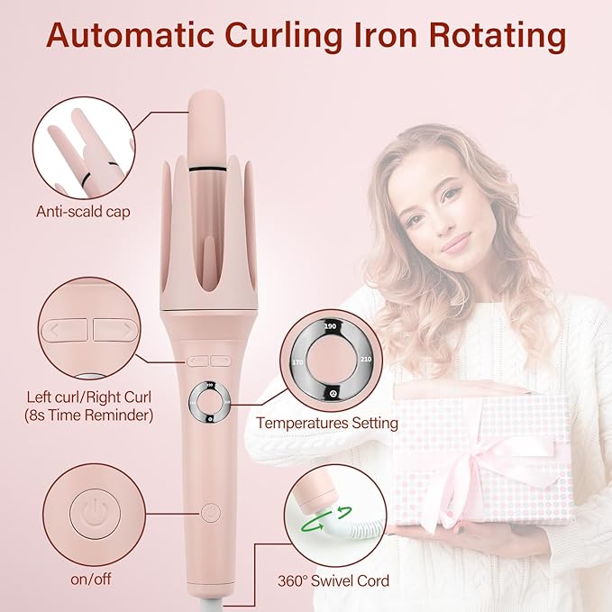 JAMIEWIN Automatic Hair Curler, 28mm Rotating Curling Iron with 3 Temperatures, Fast Heating Curling Tongs Anti-Scald, Anti-Tangle Curling Wand with Negative Ions for Medium Long Hair