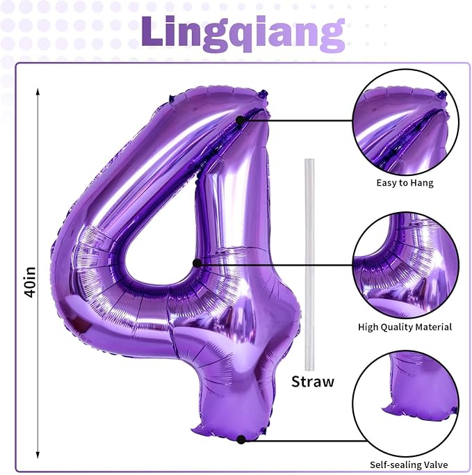 Purple Number 40 Birthday Balloons, 40 Inch Large Purple Mylar Foil Number 4 - Image 2