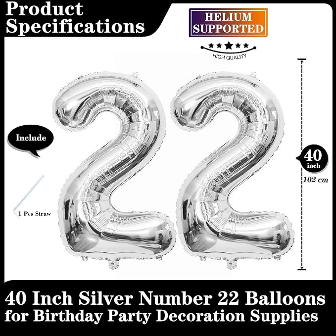 Silver 22 Number Balloons, 40 Inch Giant Number 22 Balloons Foil Mylar Helium - Image 2