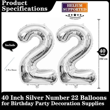 Silver 22 Number Balloons, 40 Inch Giant Number 22 Balloons Foil Mylar Helium - Image 2