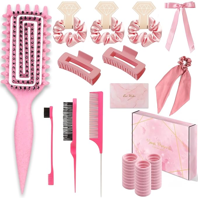 Curly Hair Brush,Curl Defining Brush,Slick Back Hair Brush,Rat Tail Comb,Edge Bristle Brush,Clip Claw,Bow,Satin Scrunchies,No Damage Hair Ties,Scarf Hair Ties,Gifts For Women,Best Gift Set(Pink)