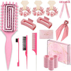 Curly Hair Brush,Curl Defining Brush,Slick Back Hair Brush,Rat Tail Comb,Edge Bristle Brush,Clip Claw,Bow,Satin Scrunchies,No Damage Hair Ties,Scarf Hair Ties,Gifts For Women,Best Gift Set(Pink)