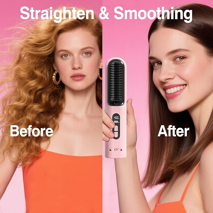 Hair Brush Straightener Cordless, Straightening Comb for Women with 300 Million Negative Ions, 6 Temps 30s Fast Heating, 10000mAh Rechargeable Battery, Portable Travel Frizz-Free, On-The-Go Styling